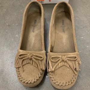 Minnetonka kilty moccasins in taupe.